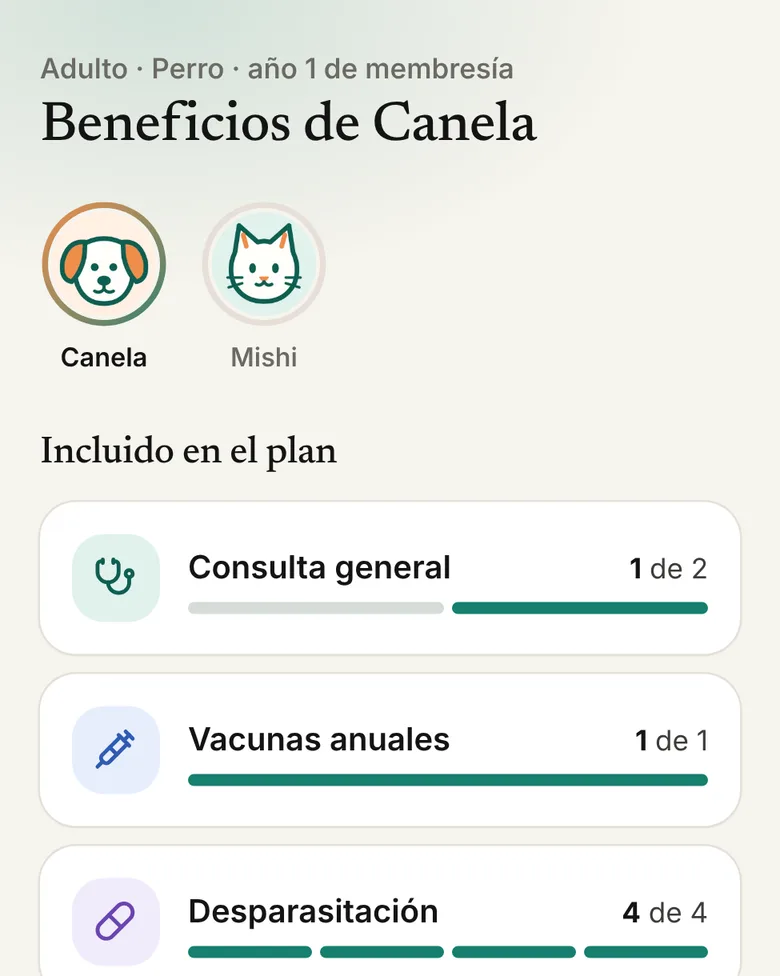 Pantalla de beneficios con barras de uso por servicio