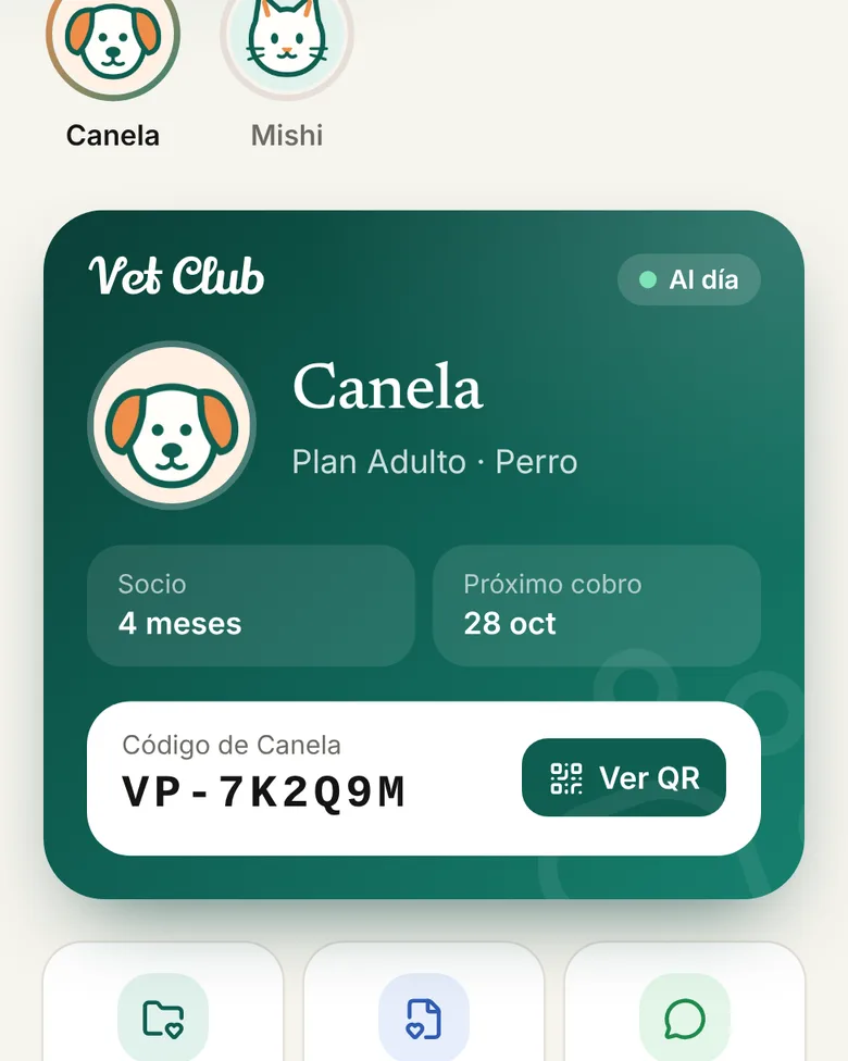 Pantalla de inicio de la app con el carné de Canela y su código