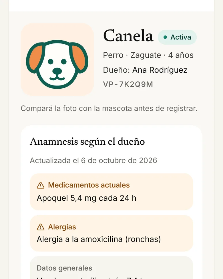 Portal de la clínica con la ficha de Canela y sus alergias resaltadas